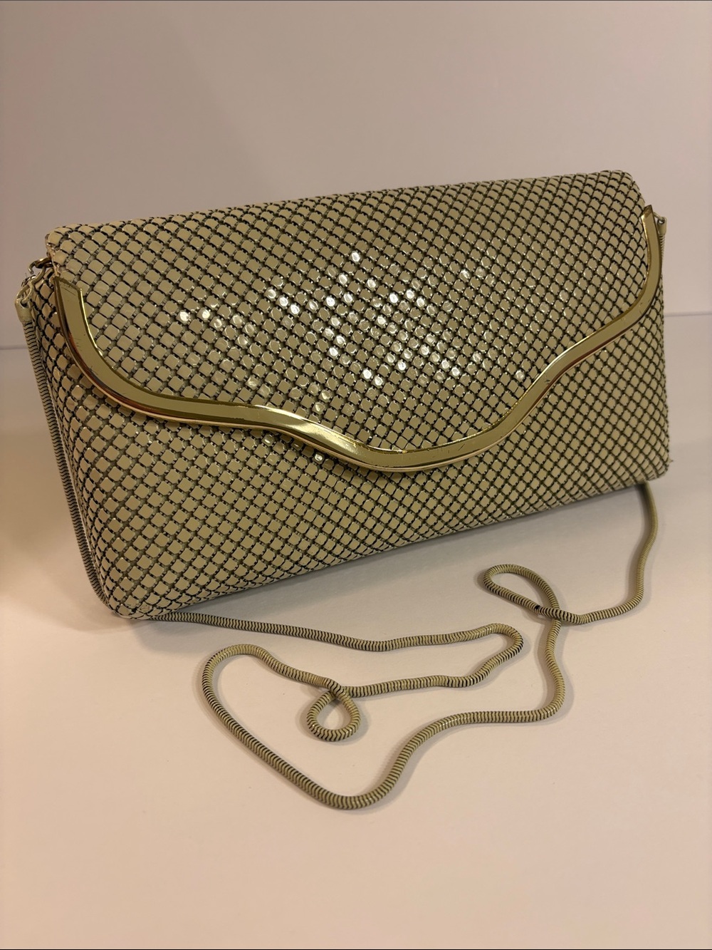 Vintage Rare Cream Mesh Evening Shoulder Clutch with Gold Accents